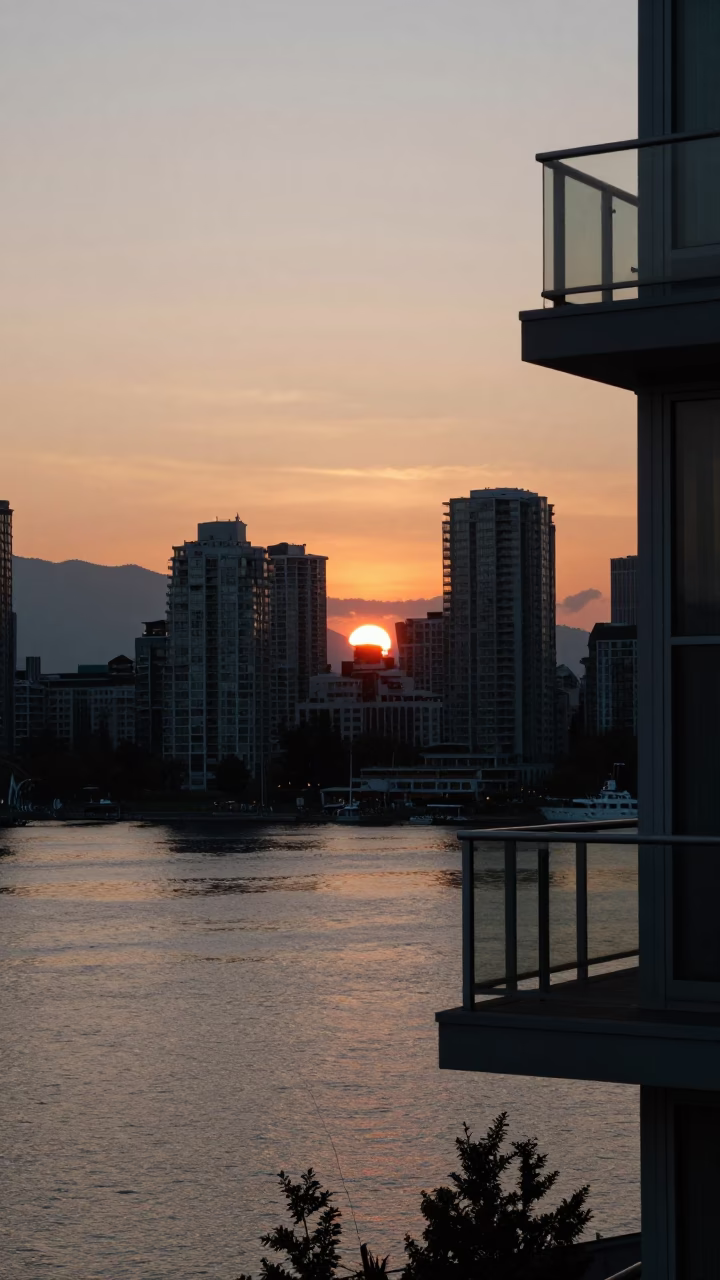 Vancouver Market Balcony at As The Sun Drops Toward The Horizon in in Vancouver, British Columbia, Canada