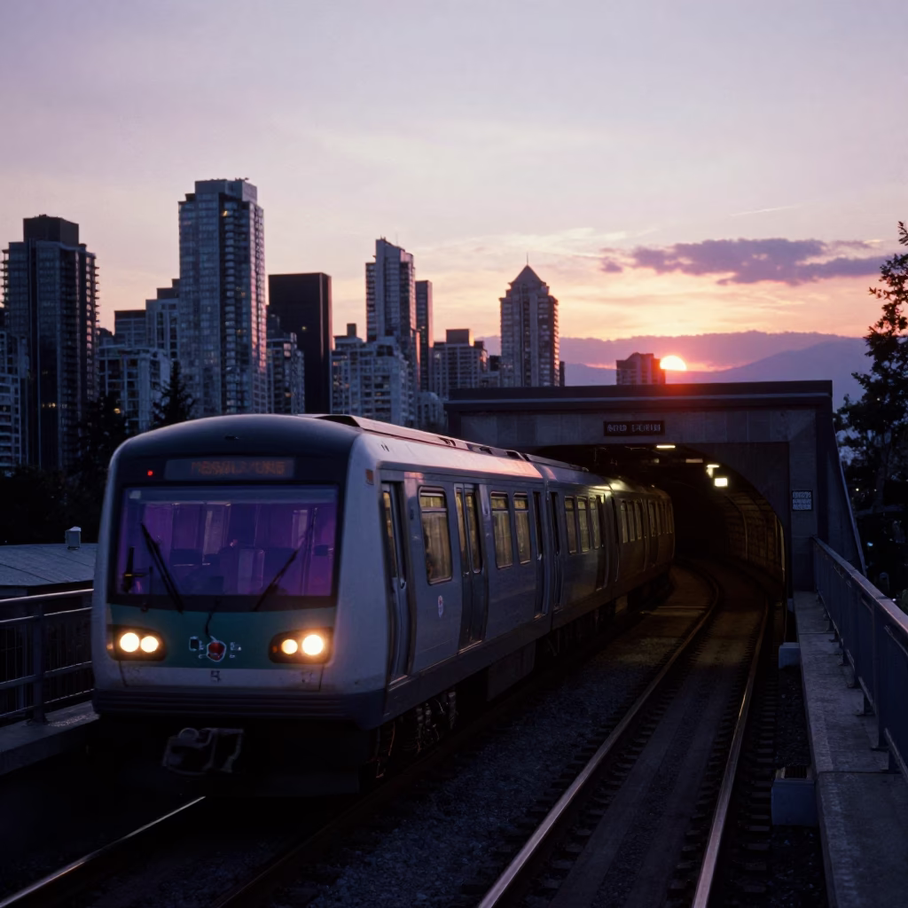 Vancouver Metro SkyTrain emerging from tunnel at sunset with steel bucket on platform in in Vancouver, British Columbia, Canada