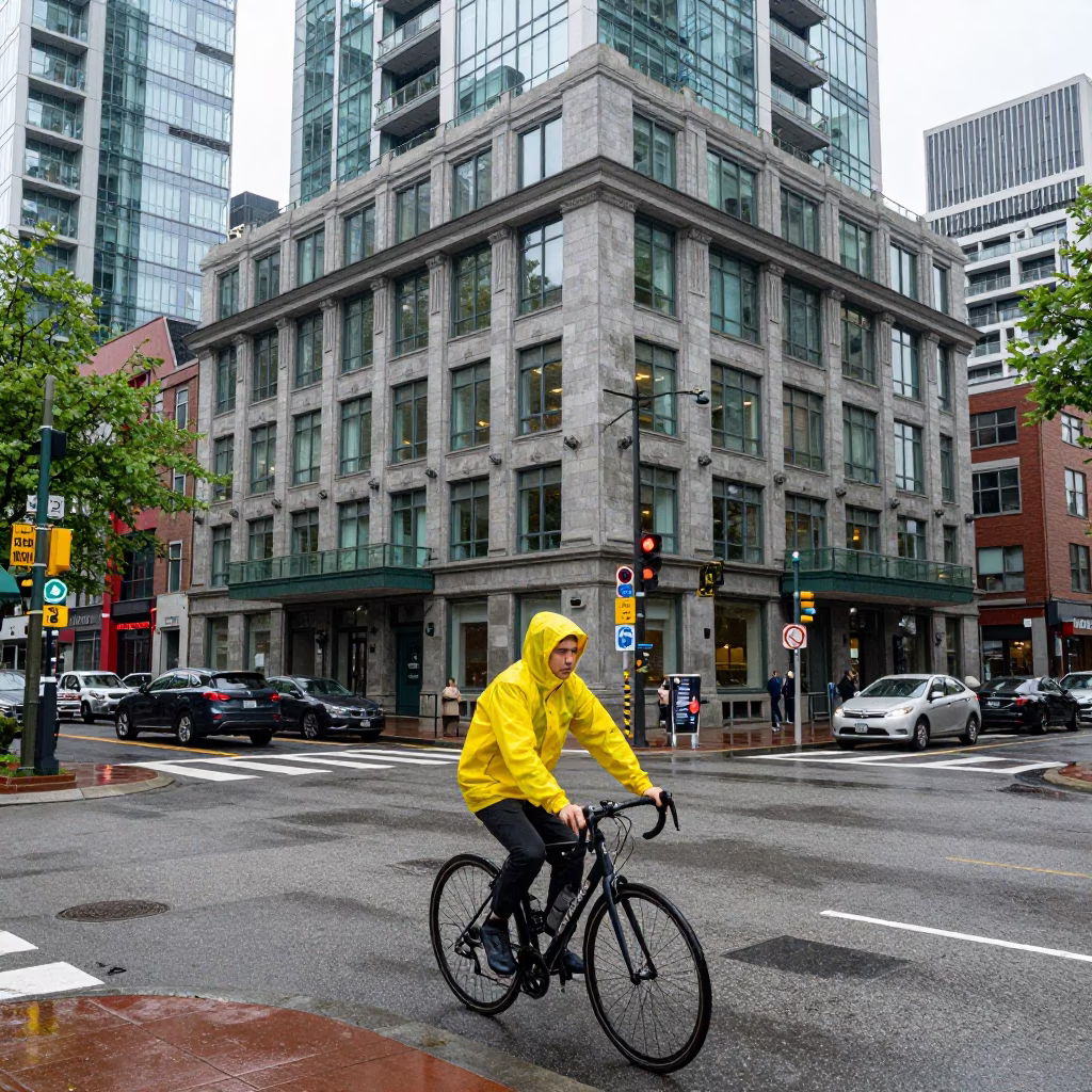 Vancouver Midday Street Scene with Cyclist and Rain Gear in British Columbia in in Vancouver, British Columbia, Canada