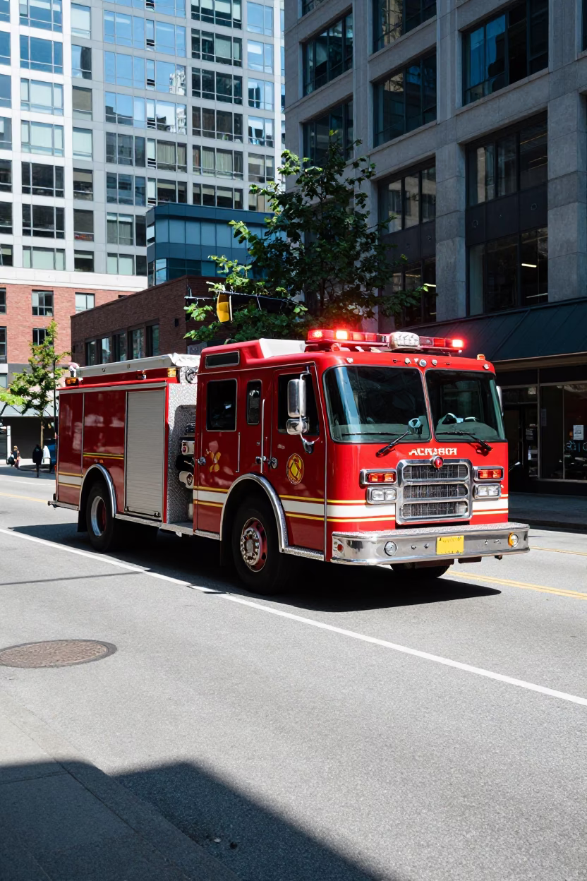 Vancouver Midday Street Scene with Red Fire Engine and Cherry Blossom Petals in in Vancouver, British Columbia, Canada