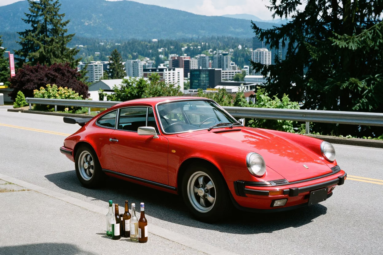 Vancouver Midday Street Scene with Vintage Red Sports Car and Glass Bottles in in Vancouver, British Columbia, Canada