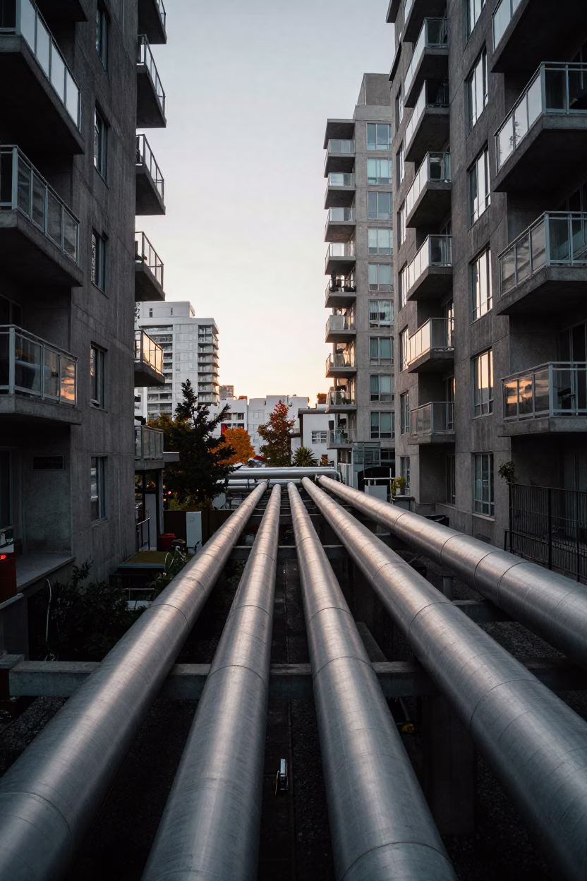 Vancouver Nautical Dawn District Heating Pipes Between Concrete Apartment Blocks in in Vancouver, British Columbia, Canada