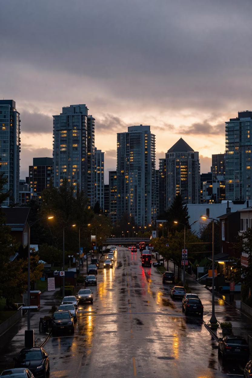 Vancouver Nautical Dawn Skyline with Rain and City Lights in in Vancouver, British Columbia, Canada