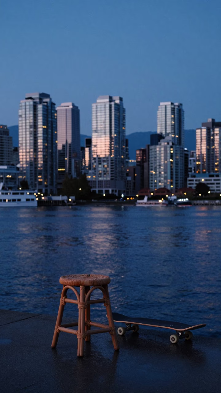 Vancouver Nautical Dawn Skyline with Rattan Stool and Skateboard in in Vancouver, British Columbia, Canada