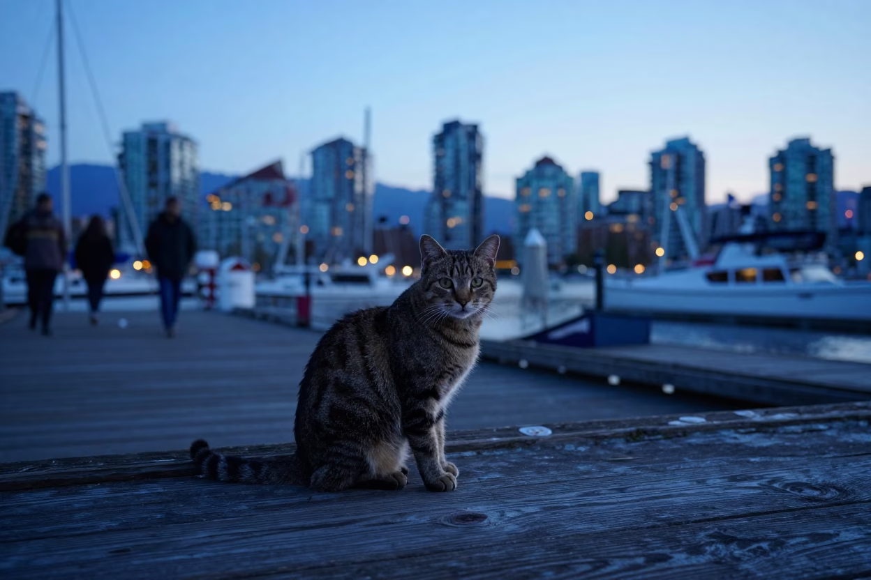 Vancouver Nautical Dawn Street Scene with Tabby Cat and Iron Hook Detail in in Vancouver, British Columbia, Canada