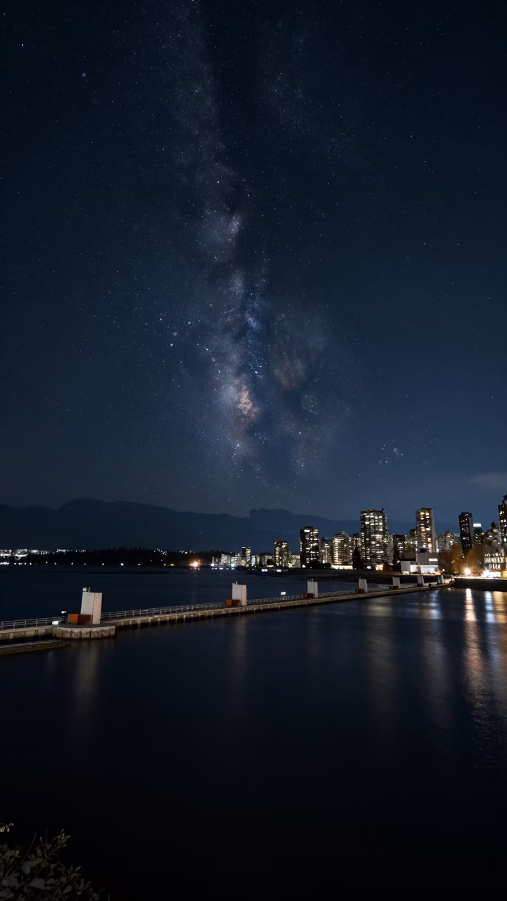 Vancouver Night Sky Deep Over Storm Surge Barrier and Windswept Estuary at Deepest Night in in Vancouver, British Columbia, Canada