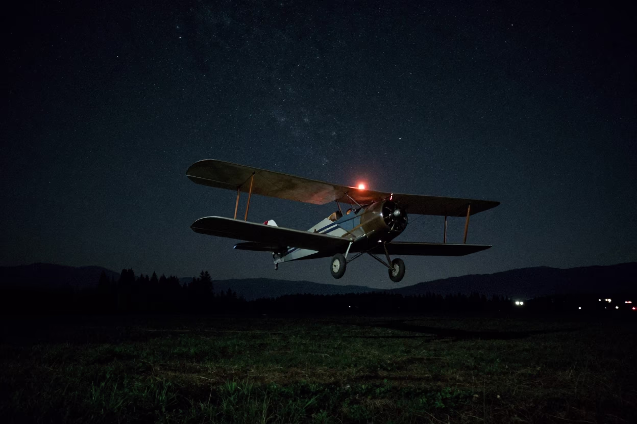 Vancouver Night Sky with Bi Plane Flying Low Over Field Under Deepest Night in in Vancouver, British Columbia, Canada