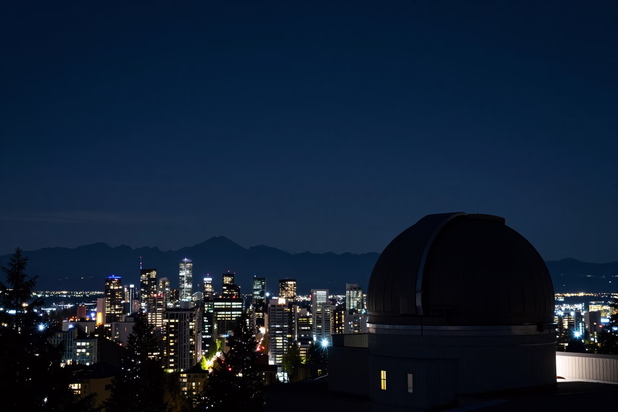 Vancouver Night Skyline Observatory Dome Silhouette Deep Night Horizon in in Vancouver, British Columbia, Canada
