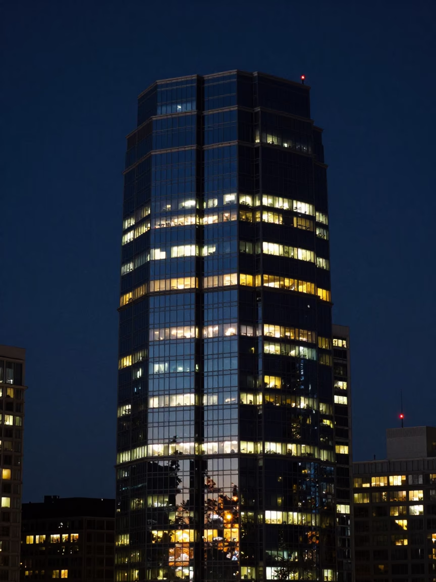 Vancouver Night Skyline Reflections on Glass Tower Under Deep Night in in Vancouver, British Columbia, Canada
