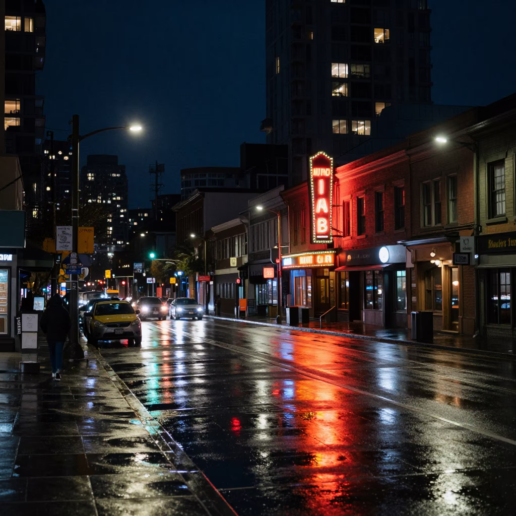 Vancouver Night Street Scene with Neon Reflections and Urban Details in in Vancouver, British Columbia, Canada