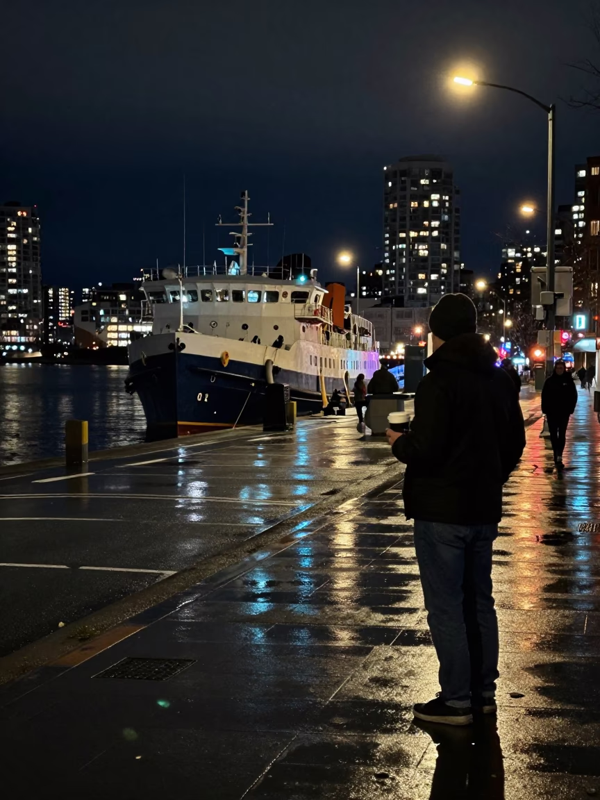 Vancouver Night Street Scene with Research Vessel and City Lights in in Vancouver, British Columbia, Canada
