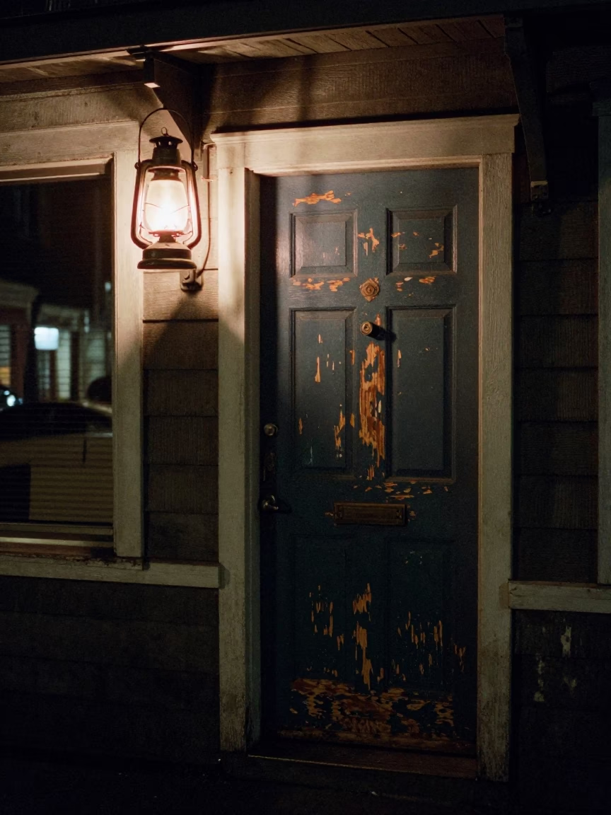 Vancouver Night Street Scene with Scuffed Painted Wood Door and Oil Lamp Glow in in Vancouver, British Columbia, Canada