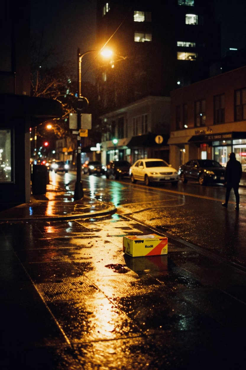 Vancouver Night Street Scene with Shoebox and Grease Sheen on Wet Pavement in in Vancouver, British Columbia, Canada