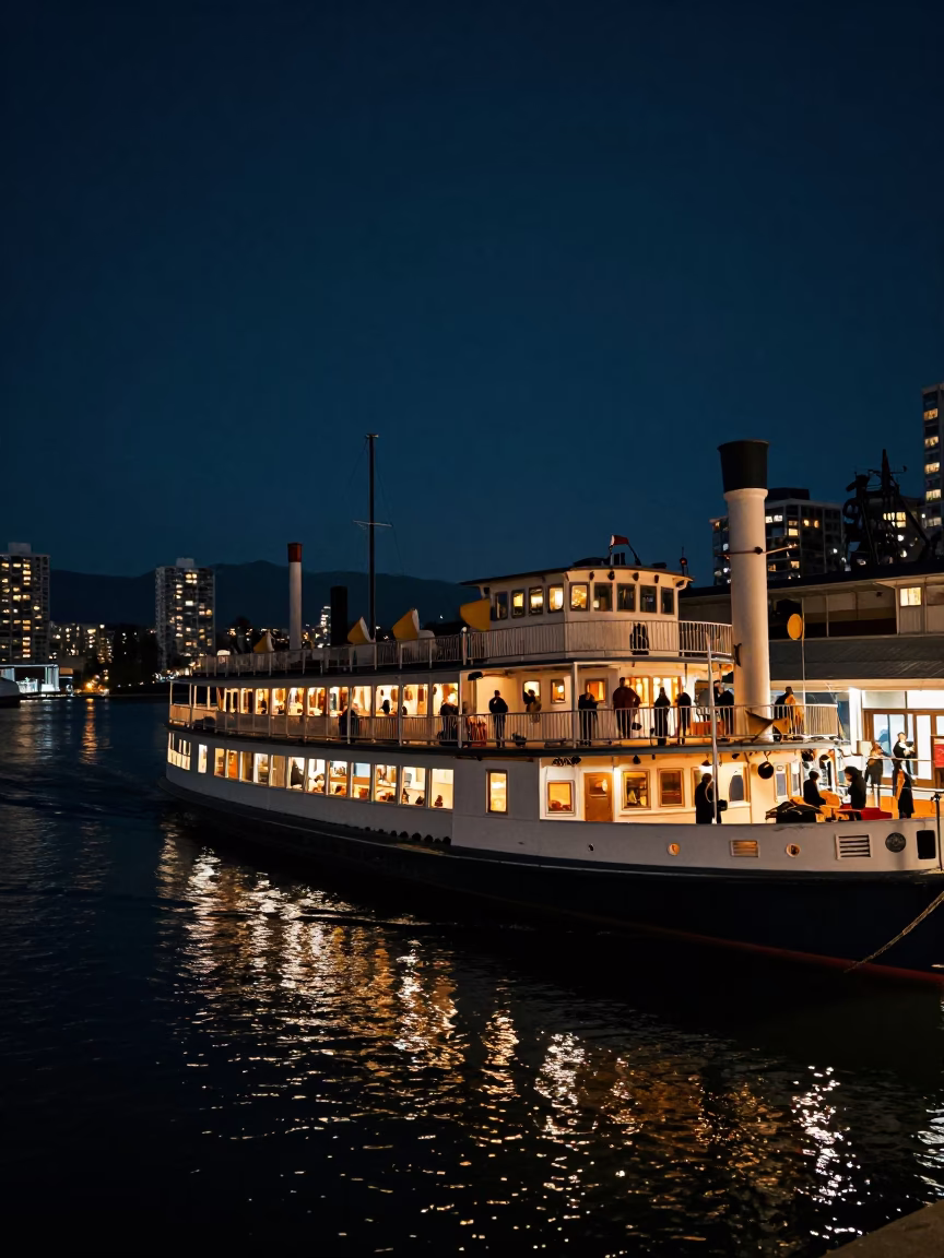 Vancouver Night Street Scene with Steamboat and Astronomer Under Deep Sky in in Vancouver, British Columbia, Canada
