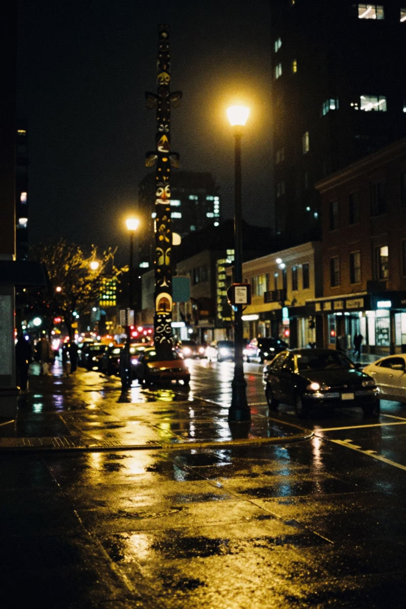 Vancouver Night Street Scene with Totem Pole and Urban Reflections in in Vancouver, British Columbia, Canada