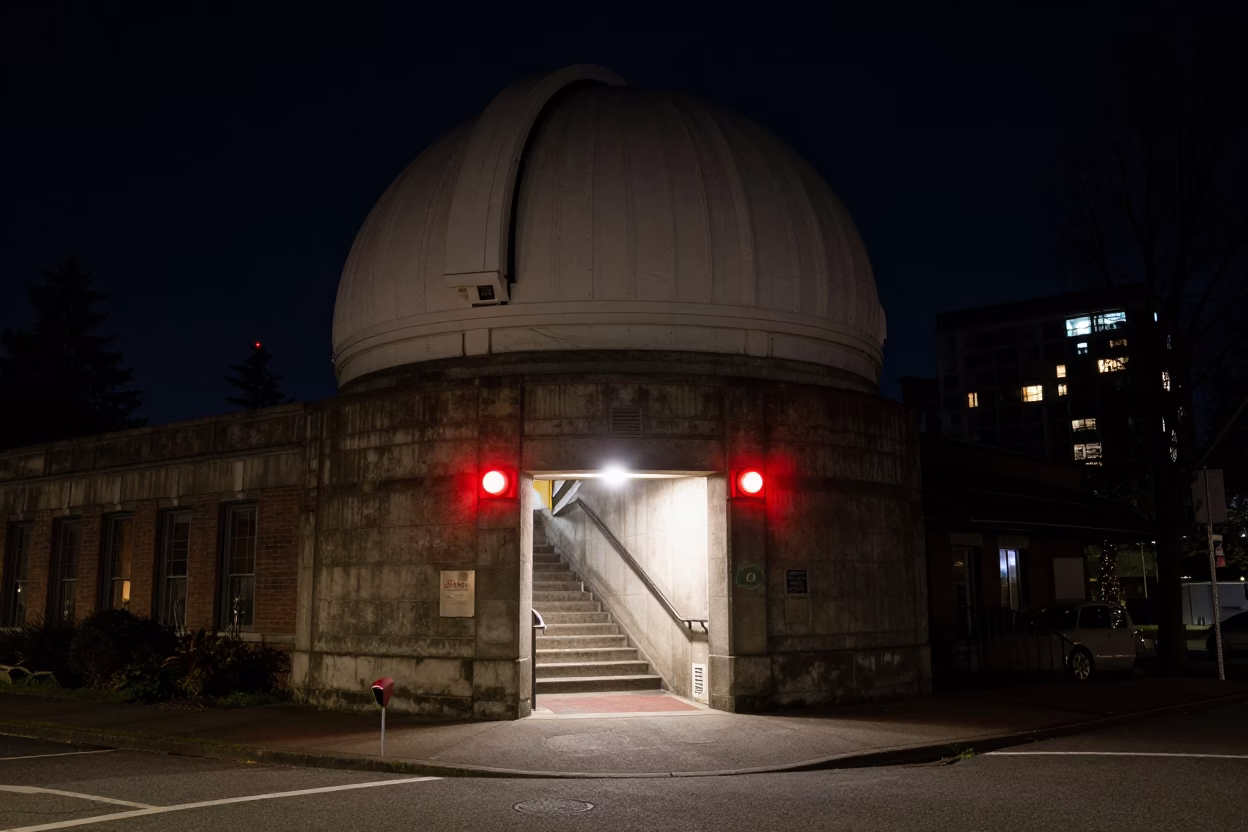 Vancouver Night Street Scene with University Observatory Stairwell and Red Night Bulbs in in Vancouver, British Columbia, Canada