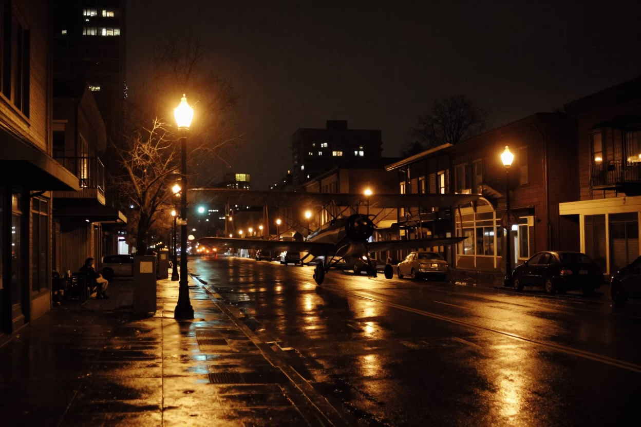 Vancouver Night Street Scene with Vintage Biplane Silhouette Over Rain-Slicked Cityscape in in Vancouver, British Columbia, Canada