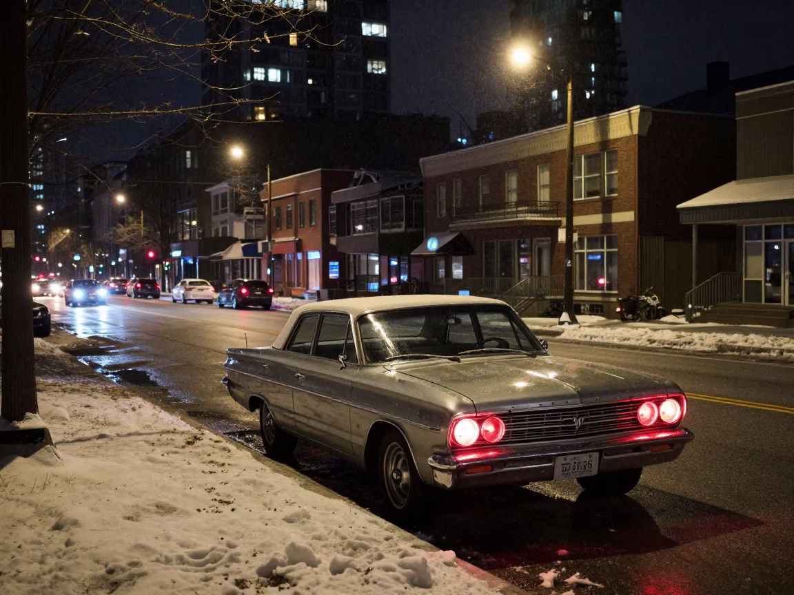 Vancouver Night Street Scene with Vintage Car and Snowy Tunnel Portal in in Vancouver, British Columbia, Canada