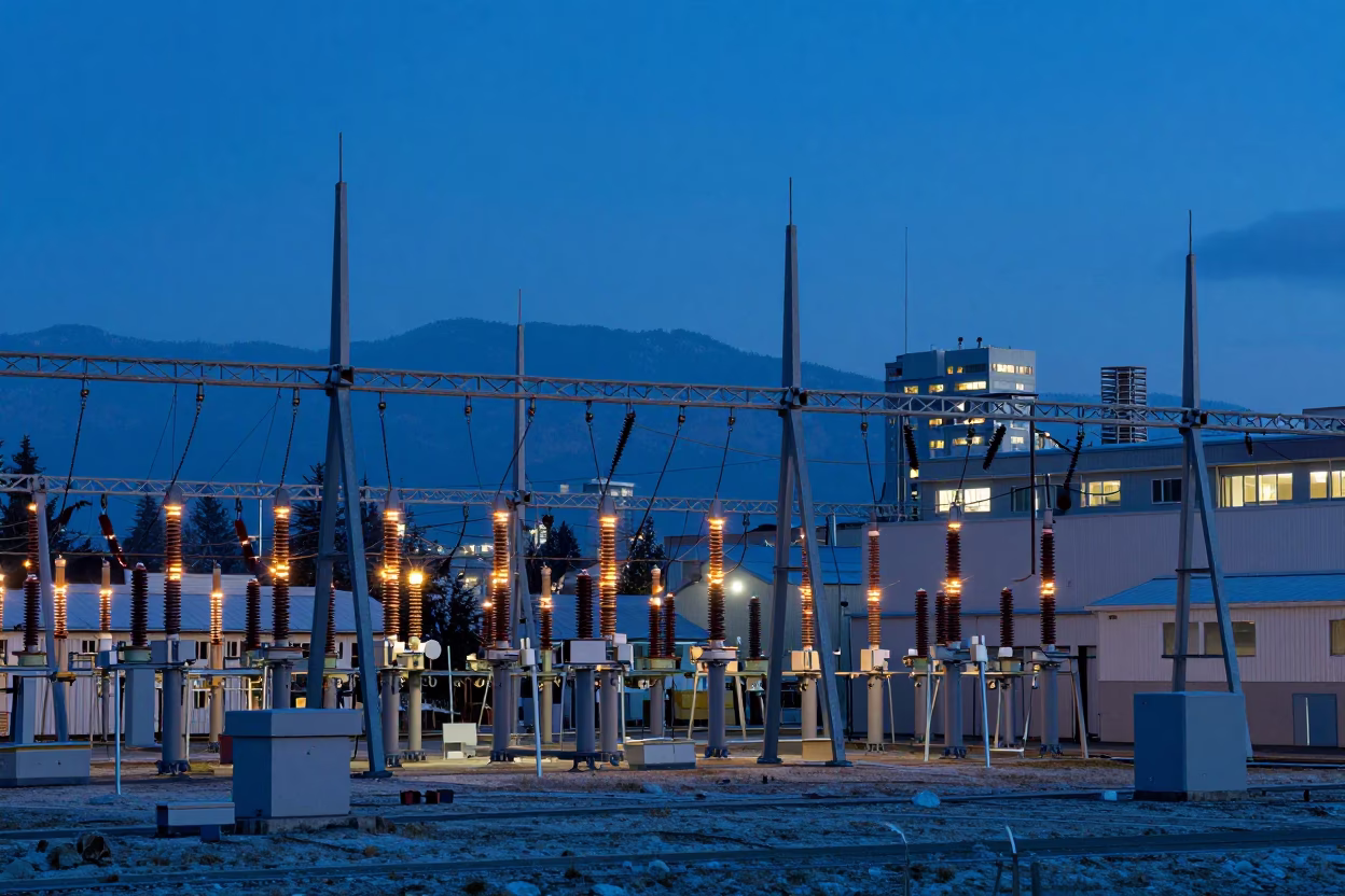 Vancouver Power Substation Busbars Glowing Under Ice Blue Twilight Sky in in Vancouver, British Columbia, Canada