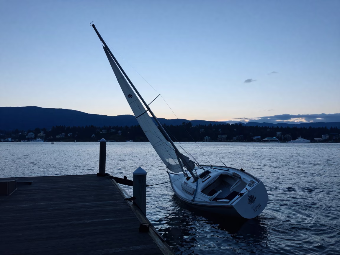 Vancouver Pre-Dawn Harbor Scene with Sailboat Heeled Over in Strong Gust in in Vancouver, British Columbia, Canada