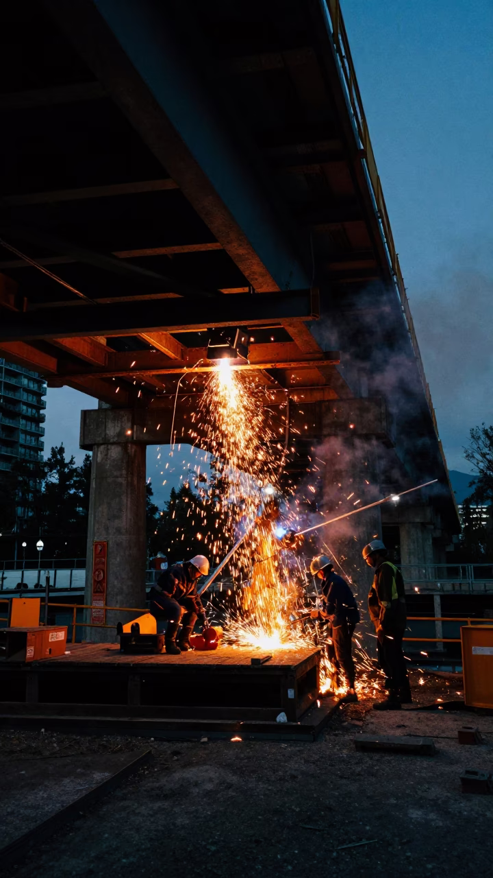 Vancouver Predawn Construction Sparks Under Bridge Platform Near University in in Vancouver, British Columbia, Canada