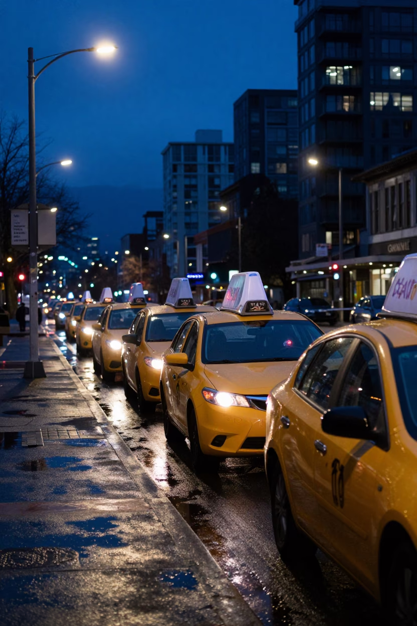 Vancouver Predawn Taxi Rank Outside Granville Station with Yellow Cabs in Darkness in in Vancouver, British Columbia, Canada