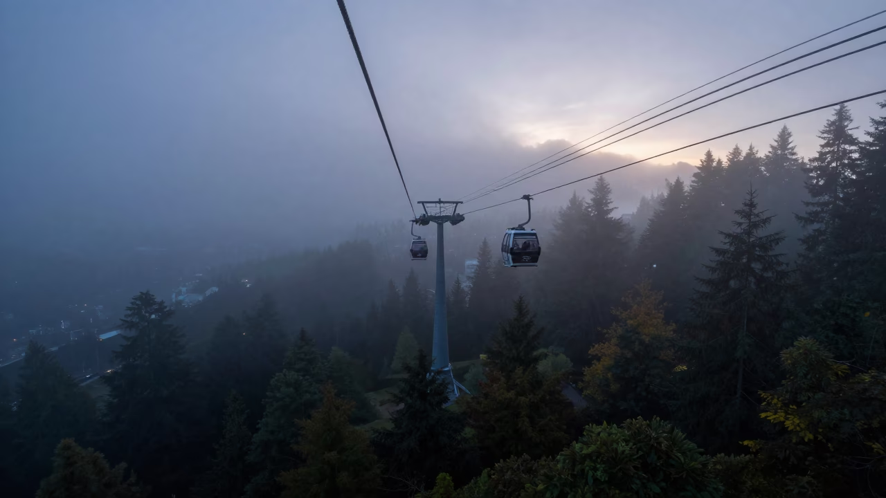 Vancouver Predawn Tramway Foggy Mountain Valley Aerial View Cinematic Shot in in Vancouver, British Columbia, Canada