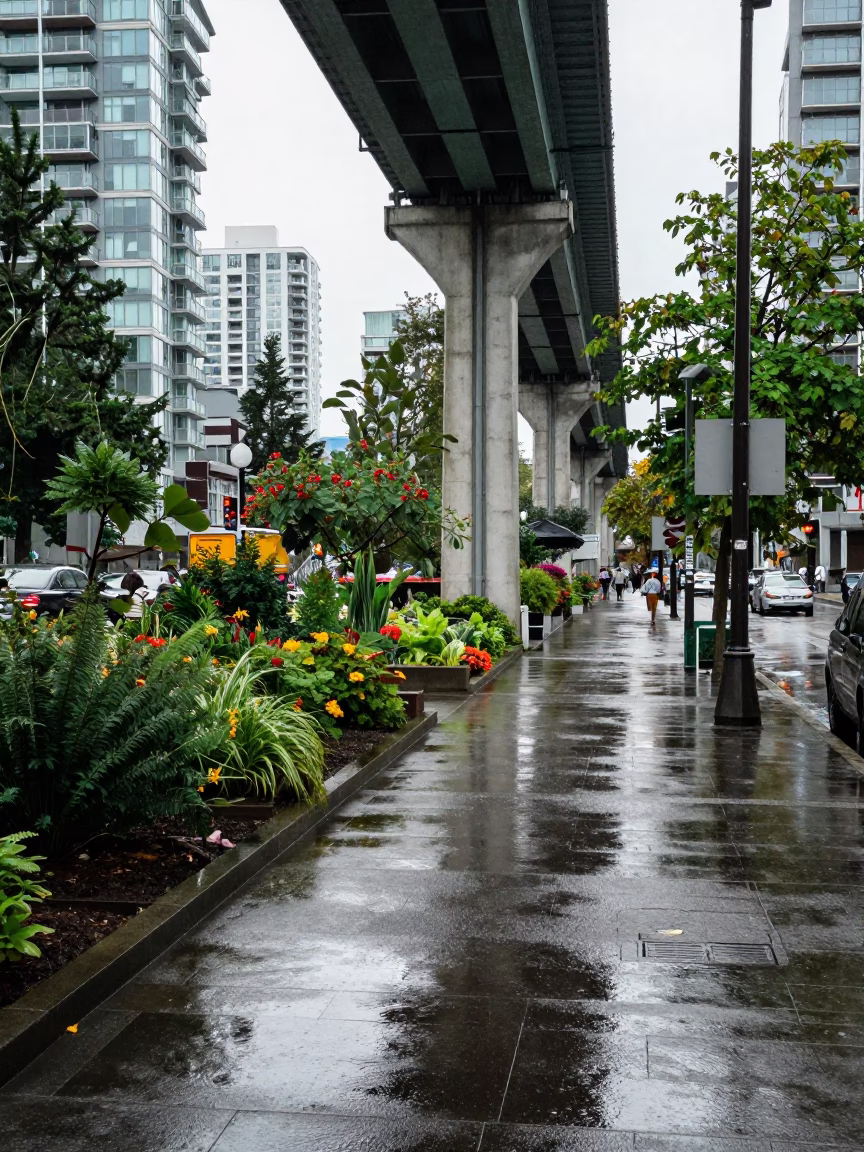 Vancouver Rain City Street Scene with Viaduct Shadow and Allotment Gardens in in Vancouver, British Columbia, Canada