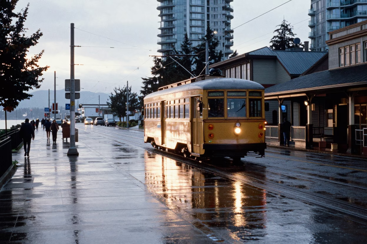 Vancouver Rain-Swept Promenade Heritage Tram and Substation Under First Light in in Vancouver, British Columbia, Canada