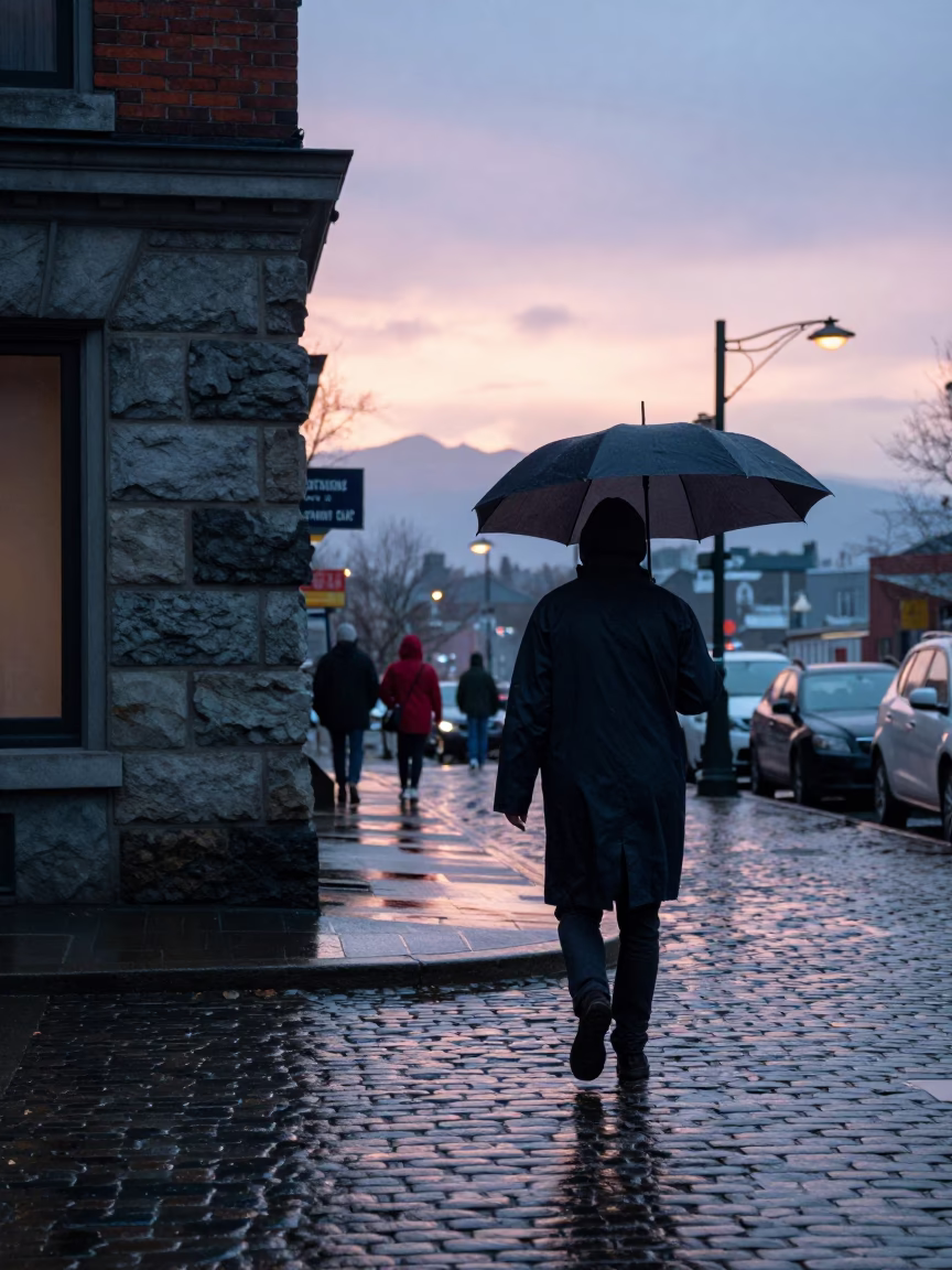 Vancouver Raincoat and Umbrella Scene at Sunrise Near Gastown Cobblestones in in Vancouver, British Columbia, Canada