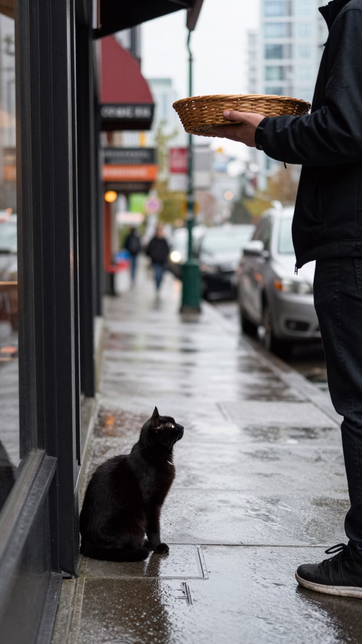 Vancouver Rainy Day Street Scene with Black Cat and Basket Tray in in Vancouver, British Columbia, Canada