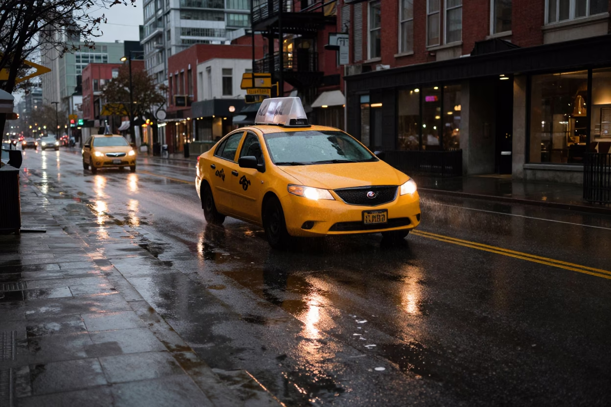 Vancouver Rainy Evening Yellow Taxi and Wet Street Reflections in Copper Light in in Vancouver, British Columbia, Canada