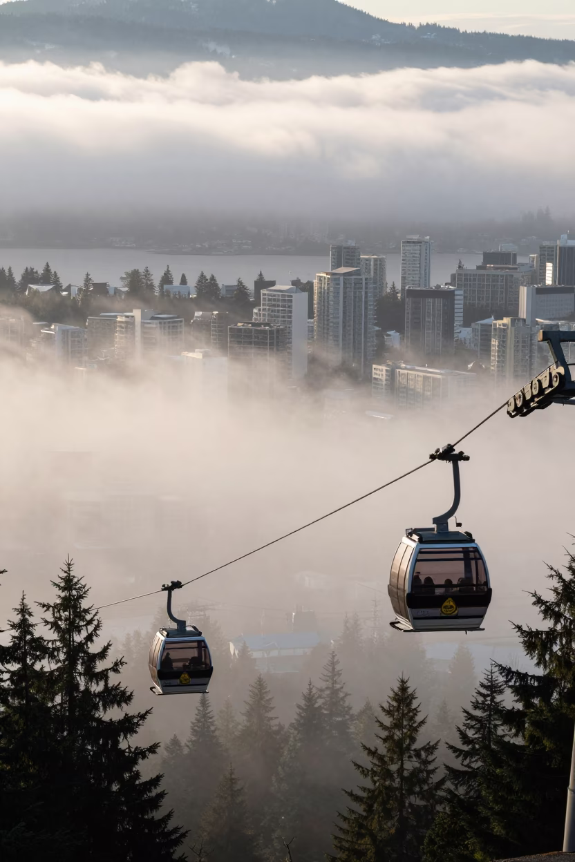 Vancouver Sea to Sky Gondola Rising Above Morning Fog Just After Sunrise in in Vancouver, British Columbia, Canada