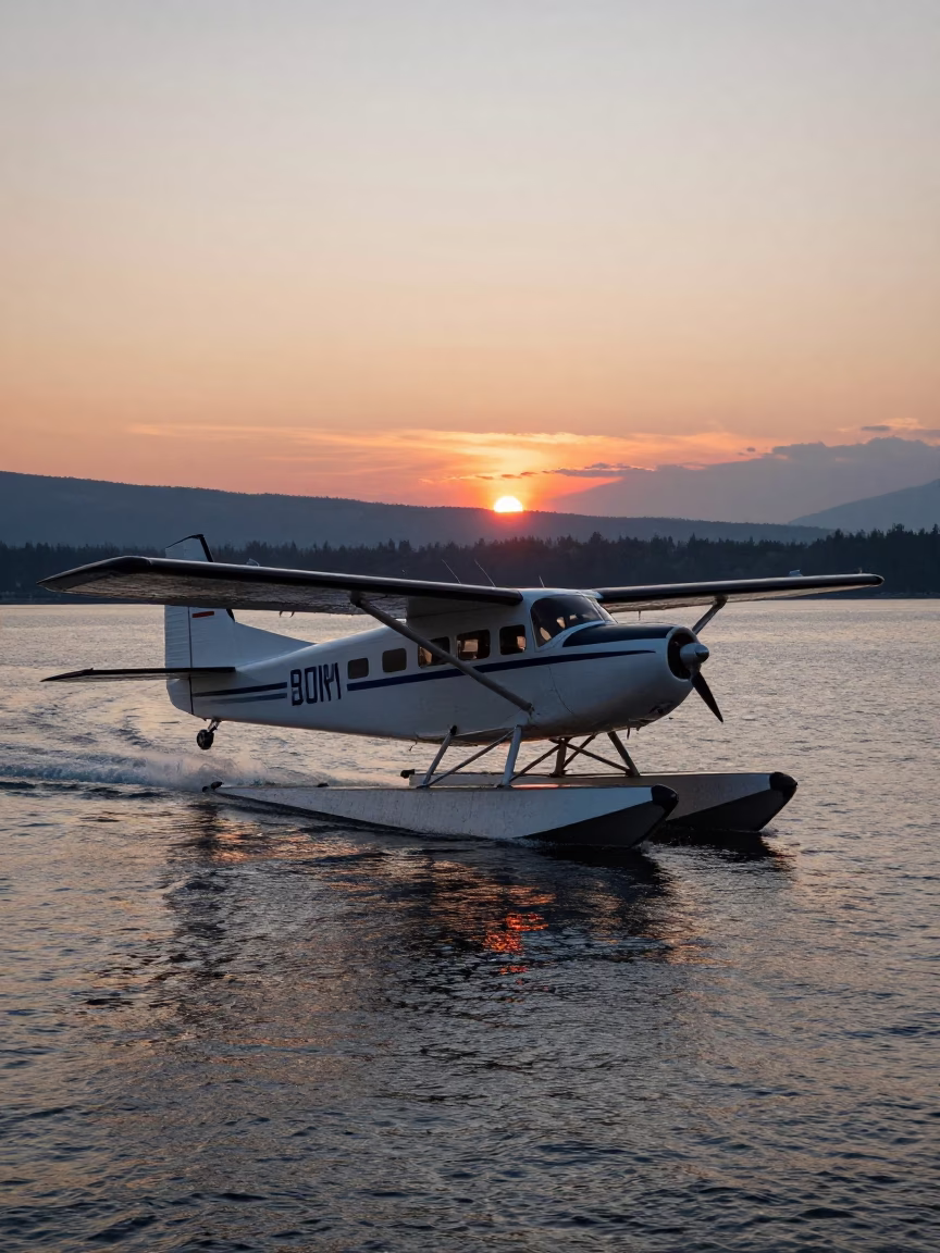Vancouver Seaplane Landing at Sunset Over Burrard Inlet with City Skyline in in Vancouver, British Columbia, Canada