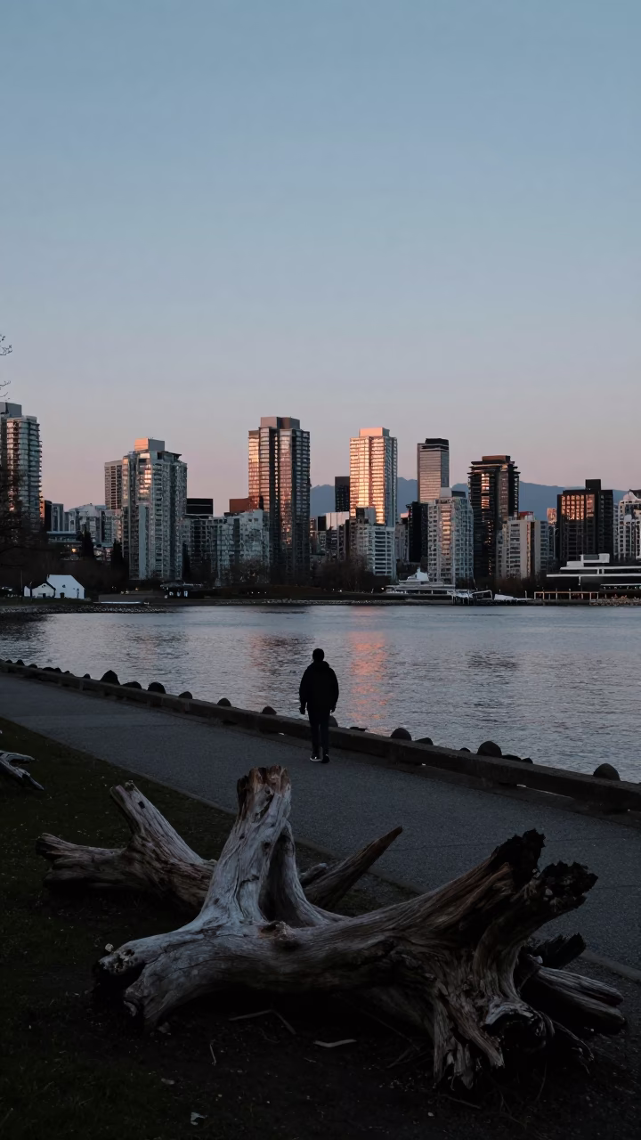 Vancouver Seawall Evening Walk with Driftwood and City Skyline Views in in Vancouver, British Columbia, Canada