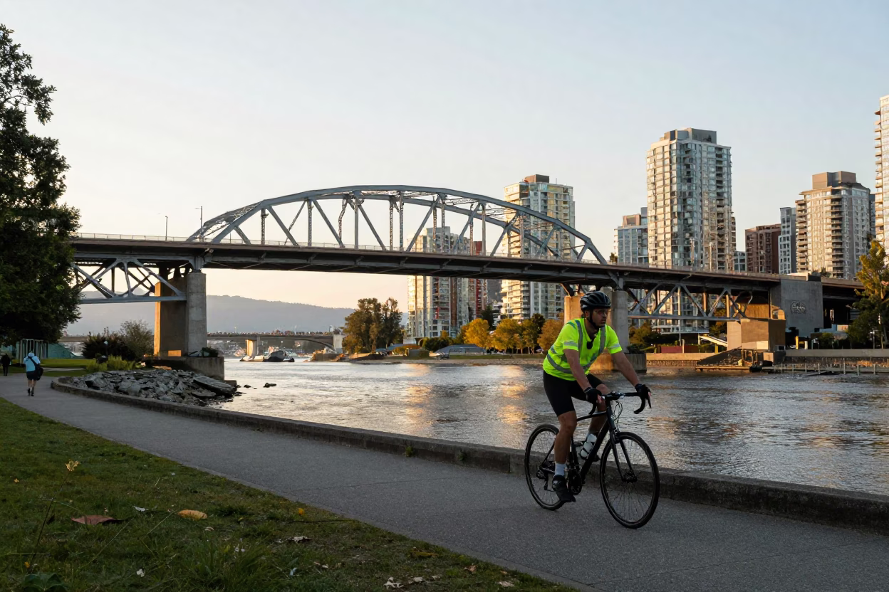 Vancouver Seawall Golden Hour Cyclist Passing Granville Street Bridge and Downtown Skyline in in Vancouver, British Columbia, Canada