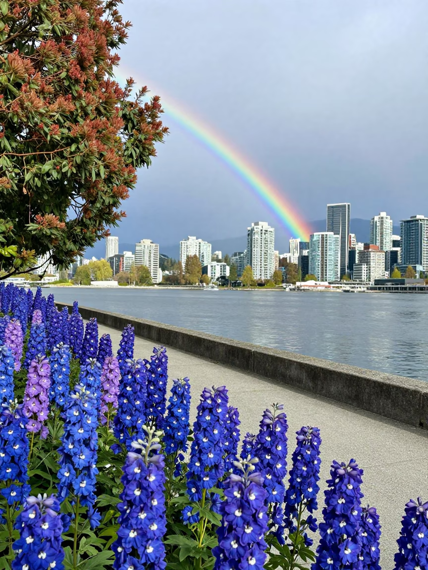 Vancouver Seawall Midday Landscape with Rainbow Eucalyptus and Delphinium Border in in Vancouver, British Columbia, Canada