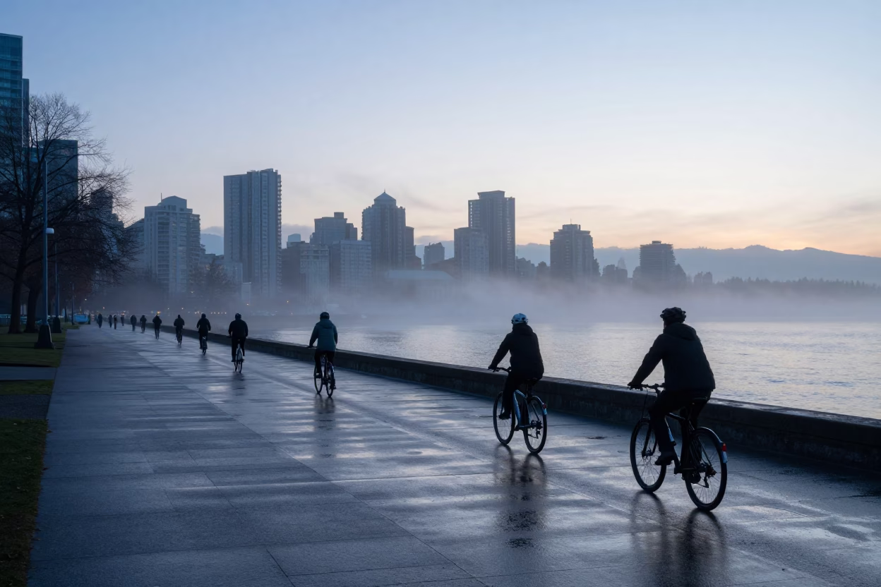 Vancouver Seawall Morning Commute with Cyclists and Foggy Skyline Before Sunrise in in Vancouver, British Columbia, Canada