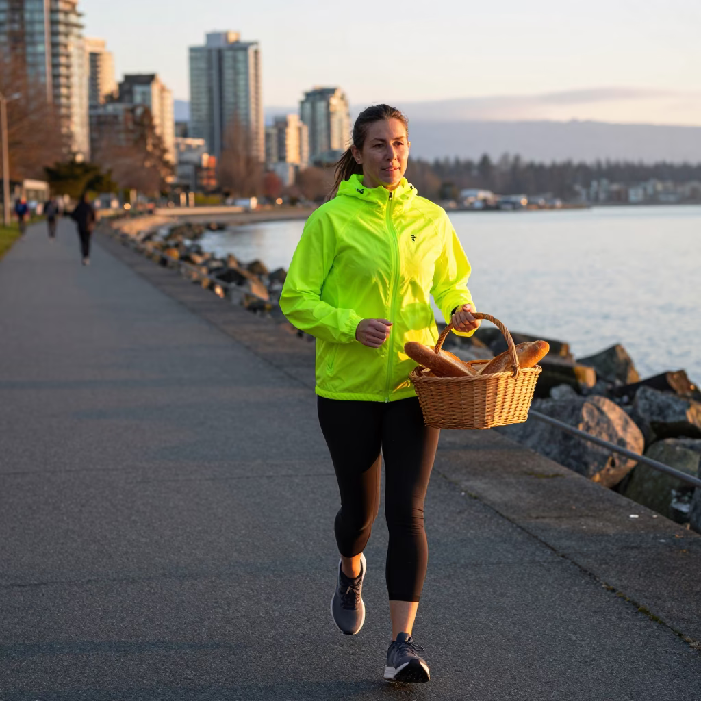 Vancouver Seawall Morning Jogger with Bread Basket Near Granville Island Sunrise in in Vancouver, British Columbia, Canada