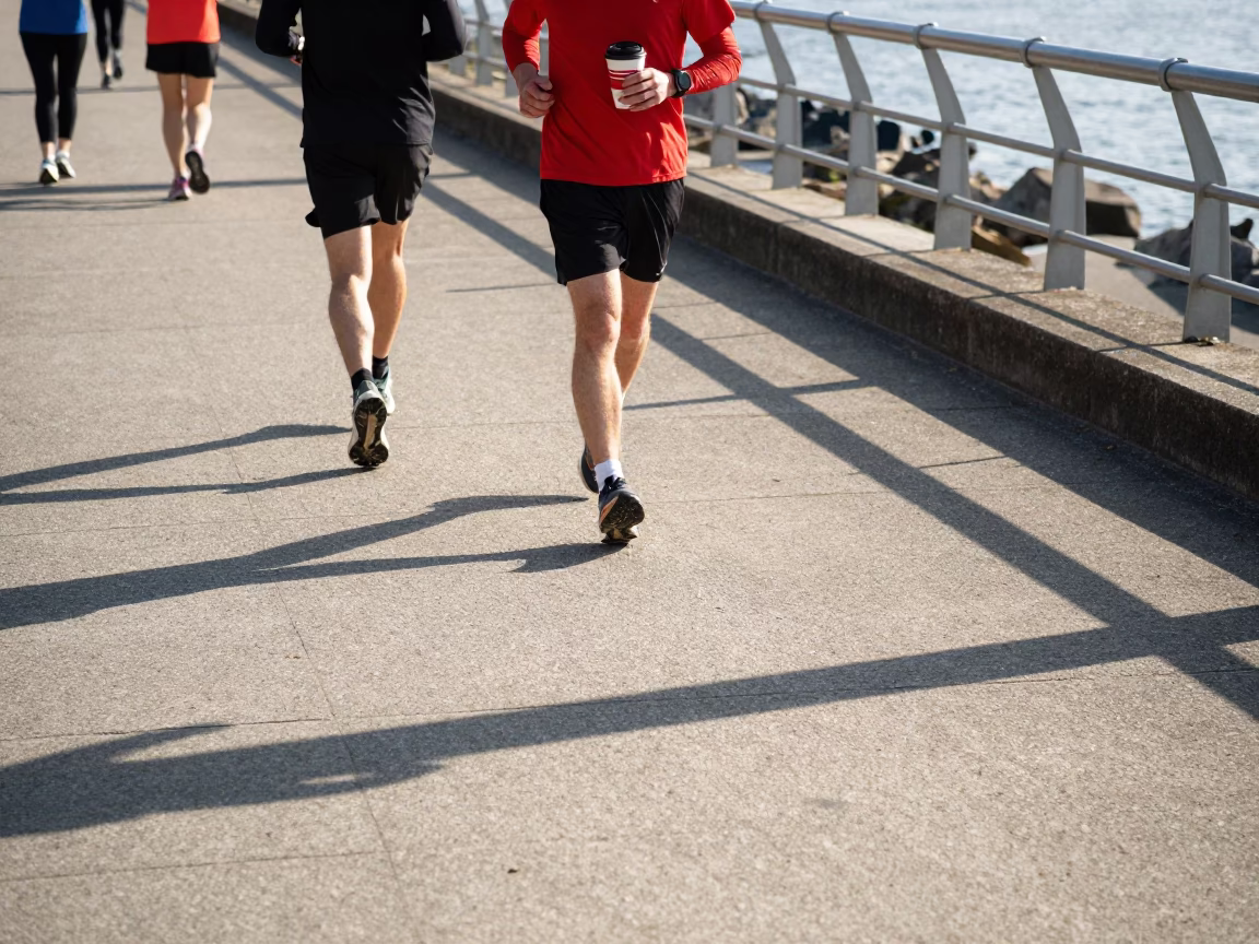 Vancouver Seawall Morning Runners Sunlight Stripes and Coffee Cup in in Vancouver, British Columbia, Canada