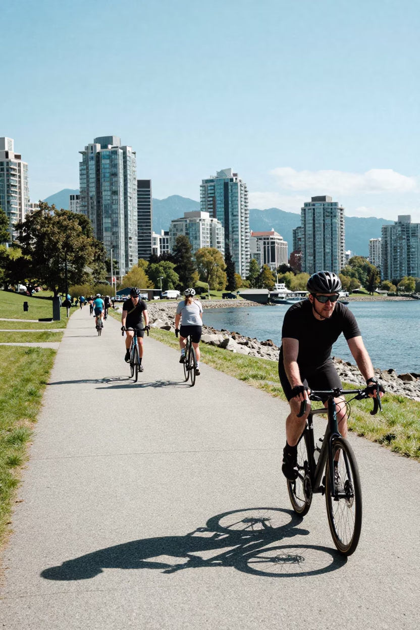 Vancouver Seawall Pathway with Cyclists and City Skyline Under Flat Noon Light in in Vancouver, British Columbia, Canada