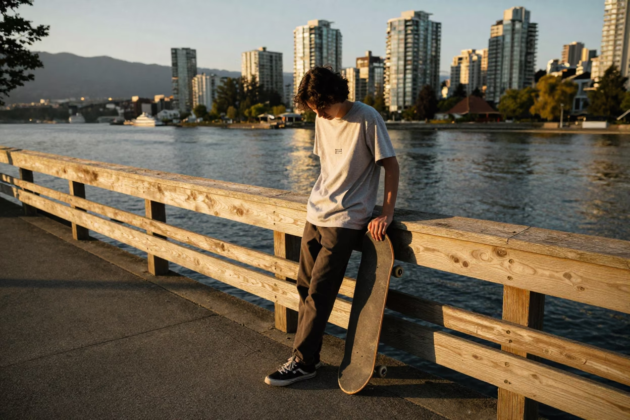 Vancouver Skateboarder Resting Near Waterfront Park in Honeyed Evening Light in in Vancouver, British Columbia, Canada