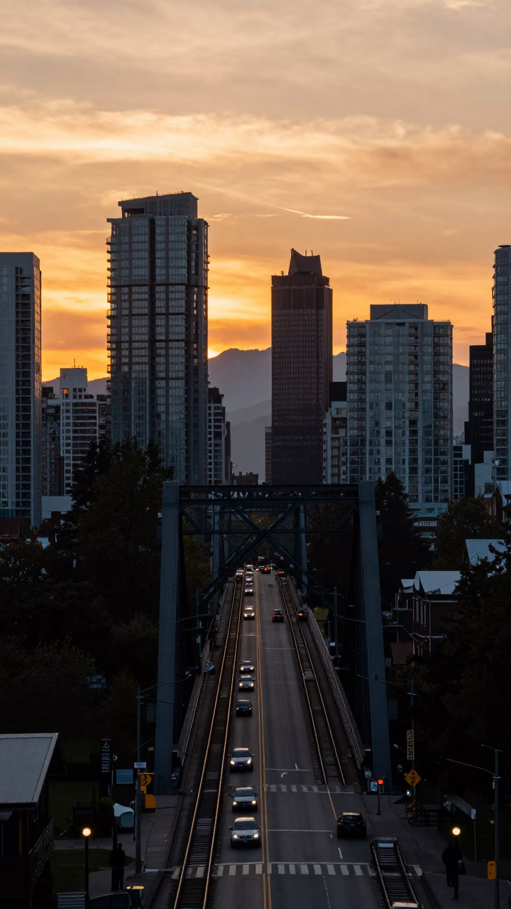 Vancouver Skyline And Granville Street Viaduct at Sunset Light in in Vancouver, British Columbia, Canada