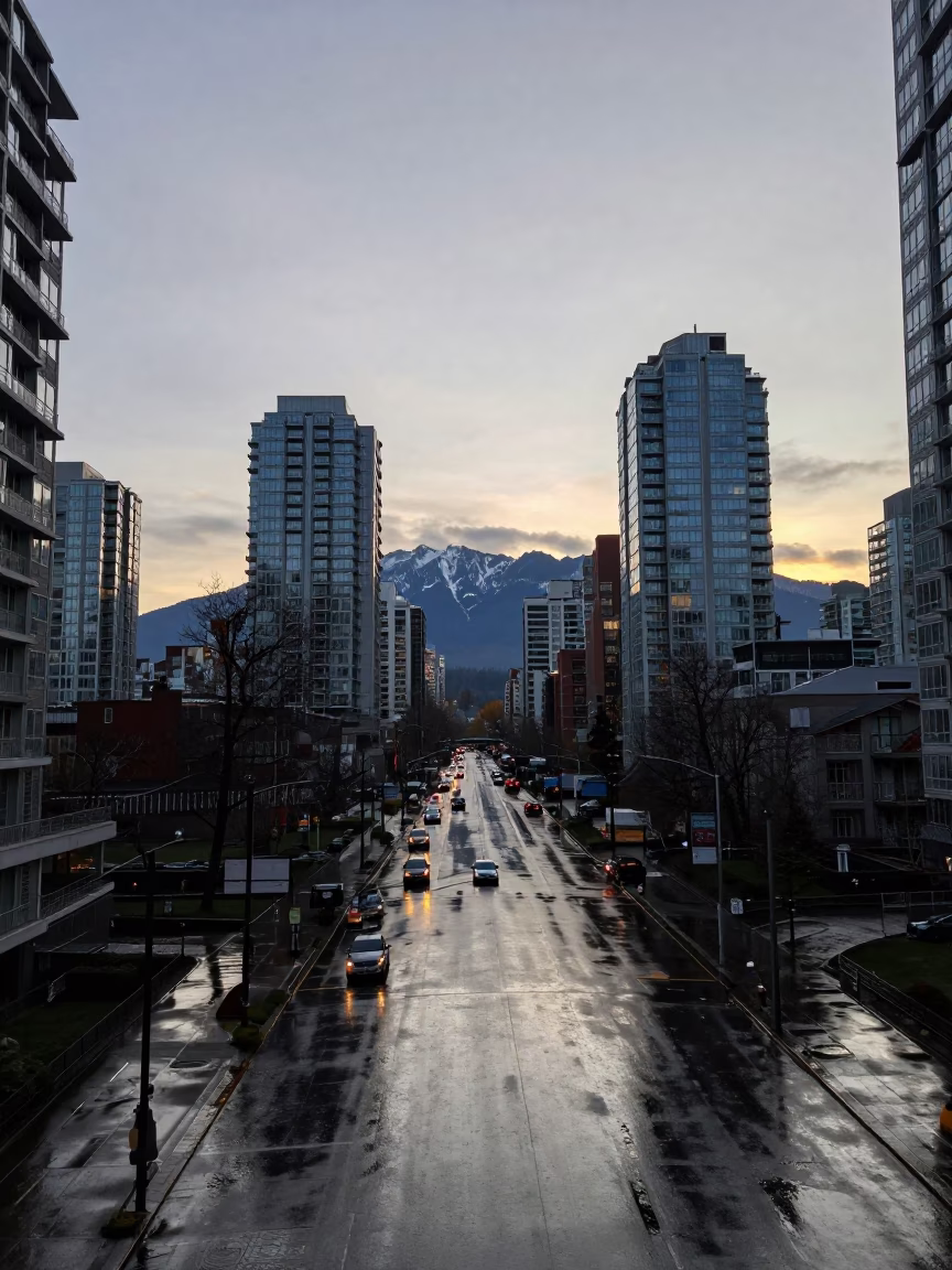 Vancouver Skyline at Dawn with Rain-Slicked Streets and Urban Reflections in in Vancouver, British Columbia, Canada