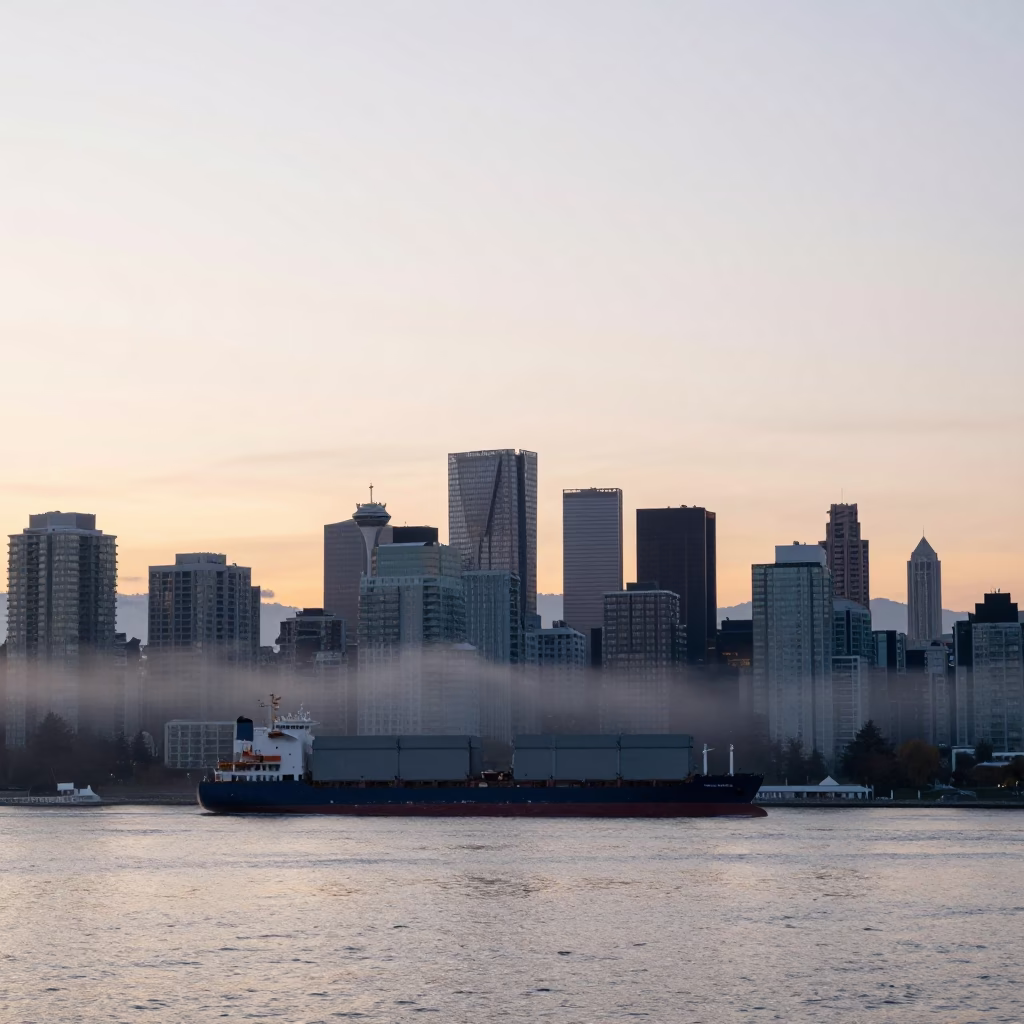 Vancouver Skyline at Sunrise with Cargo Ship on Horizon and Rainy Bus Stop in in Vancouver, British Columbia, Canada