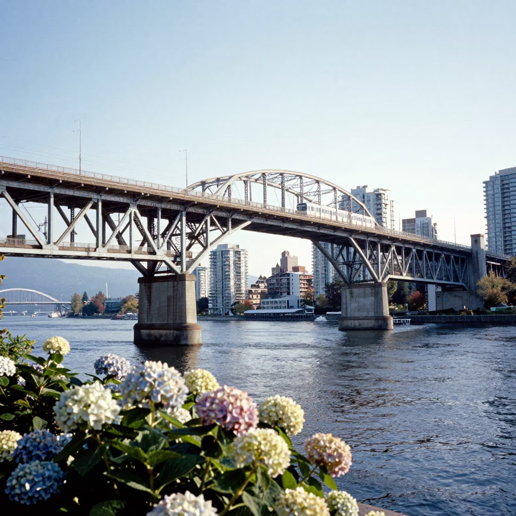 Vancouver Skytrain and Granville Street Bridge with Hydrangeas in Bright Midmorning Light in in Vancouver, British Columbia, Canada