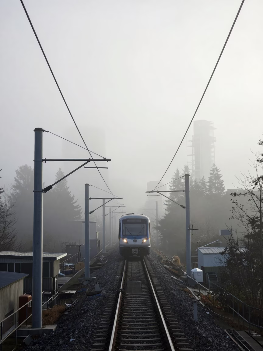 Vancouver SkyTrain Catenary System Receding Through Industrial Fog Under Flat Noon Glare in in Vancouver, British Columbia, Canada