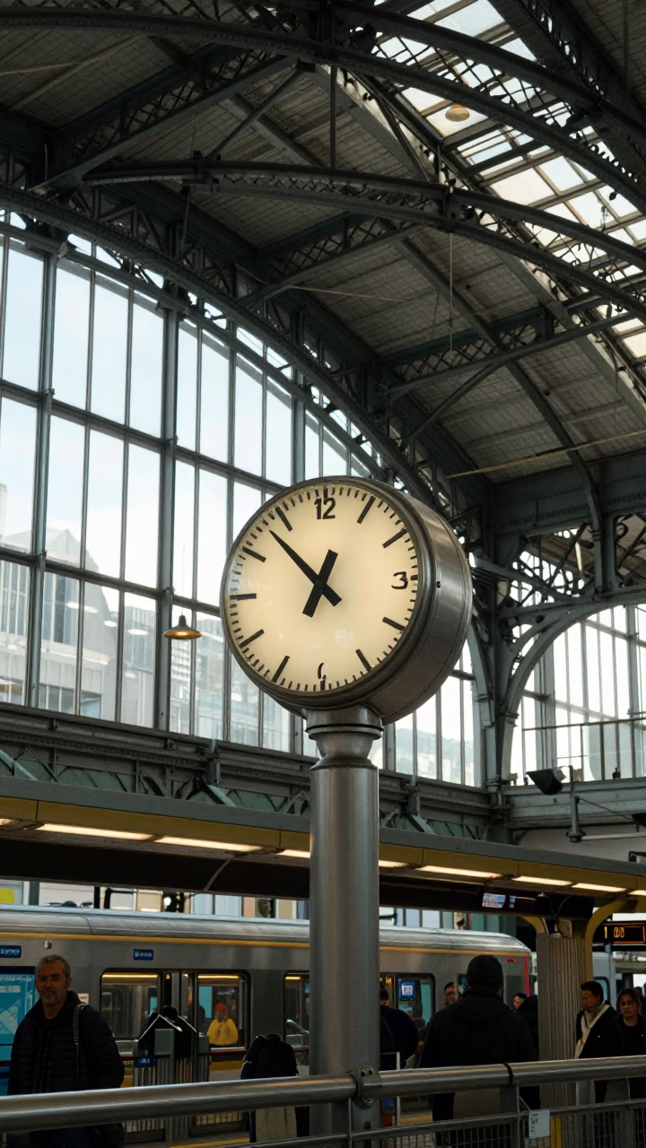 Vancouver SkyTrain Station Clock Under Vaulted Iron Roof Early Afternoon in in Vancouver, British Columbia, Canada