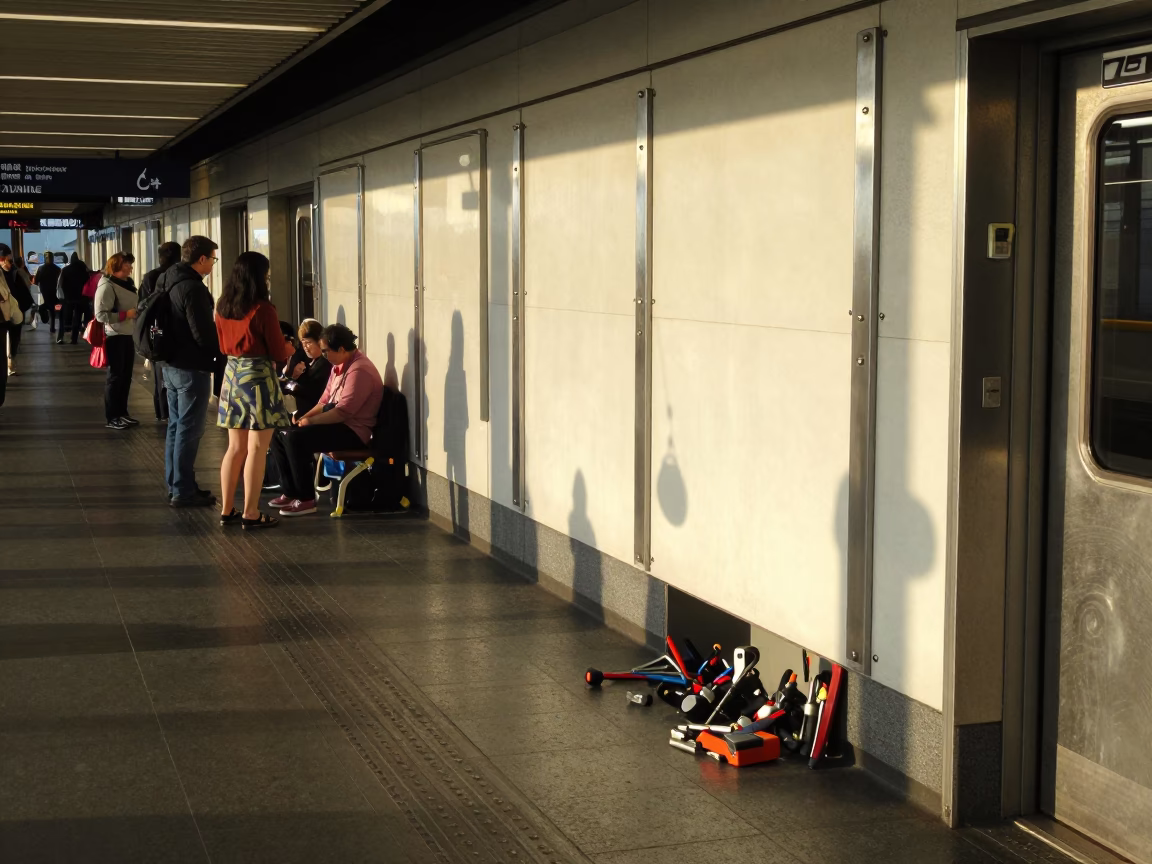 Vancouver Skytrain Station Peg Rails and Hand Tools in Early Afternoon Light in in Vancouver, British Columbia, Canada