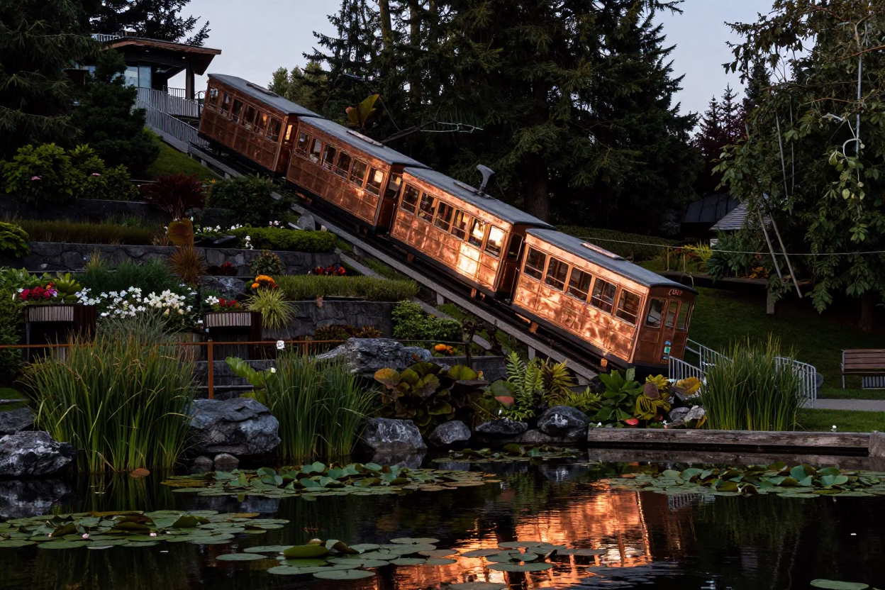 Vancouver Steamboat Funicular and Lily Pad Pond in Copper Dusk Light in in Vancouver, British Columbia, Canada